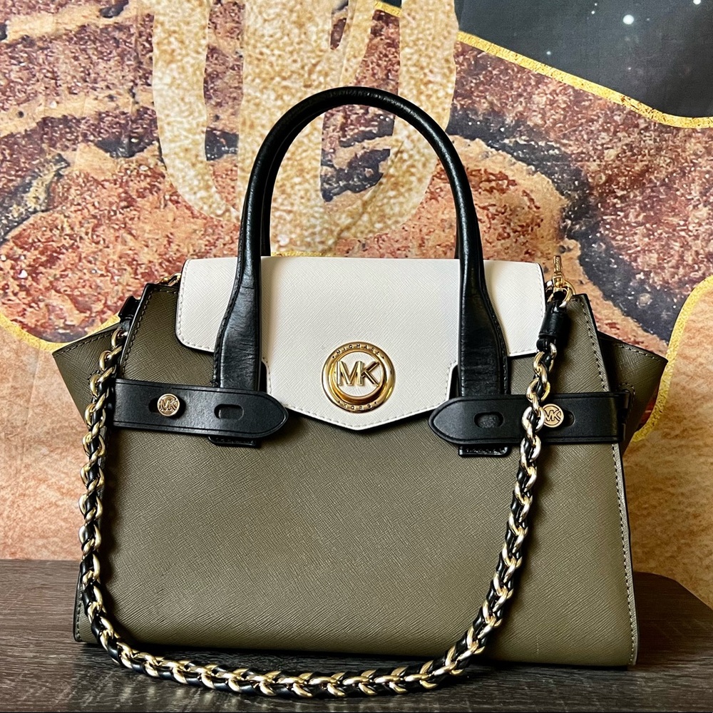 Michael Kors Carmen Satchel Olive & White with Gold Hardware